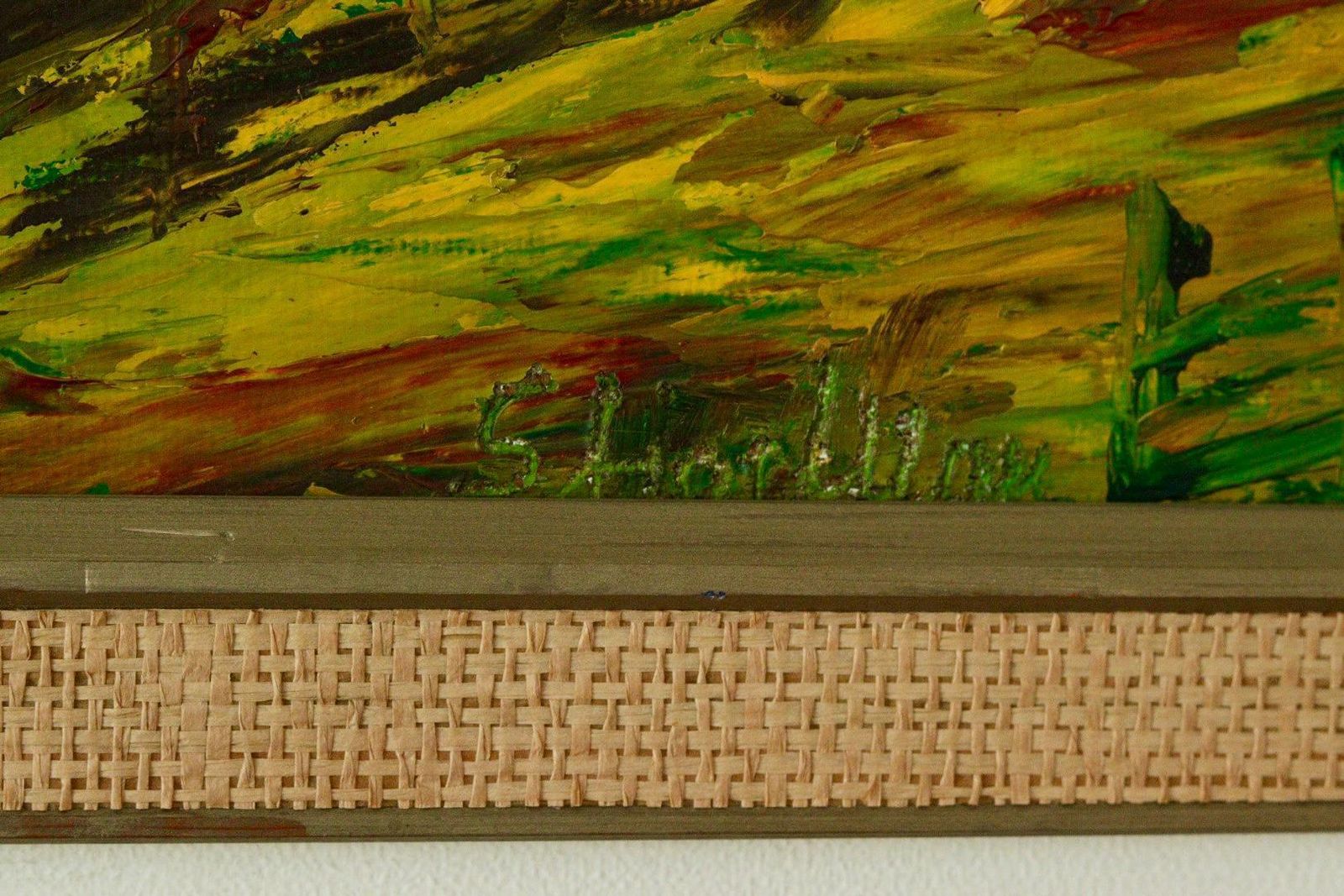 Mid Century Original Swedish Oil On Panel "Vibrant Pastures" By Konstnär Stig Allan Vintage & Framed | 94 X 44 Cm (Approx. 37 X 17.3 In) photo vintage