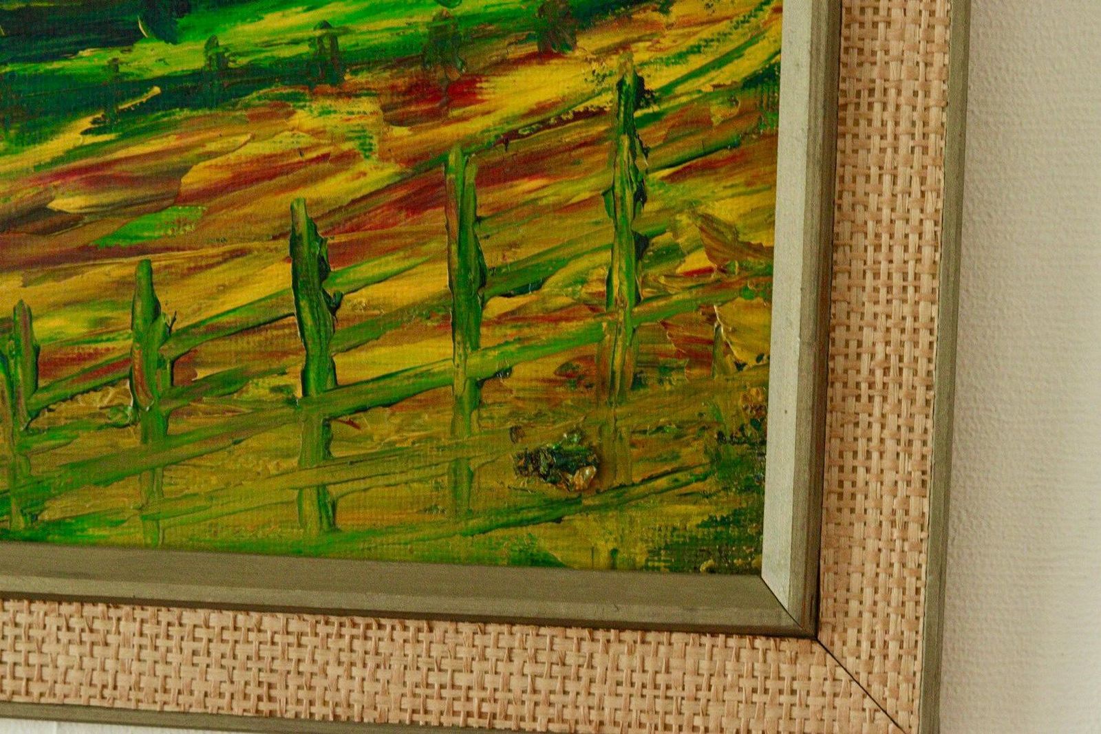photo furniture Mid Century Original Swedish Oil On Panel "Vibrant Pastures" By Konstnär Stig Allan Vintage & Framed | 94 X 44 Cm (Approx. 37 X 17.3 In)