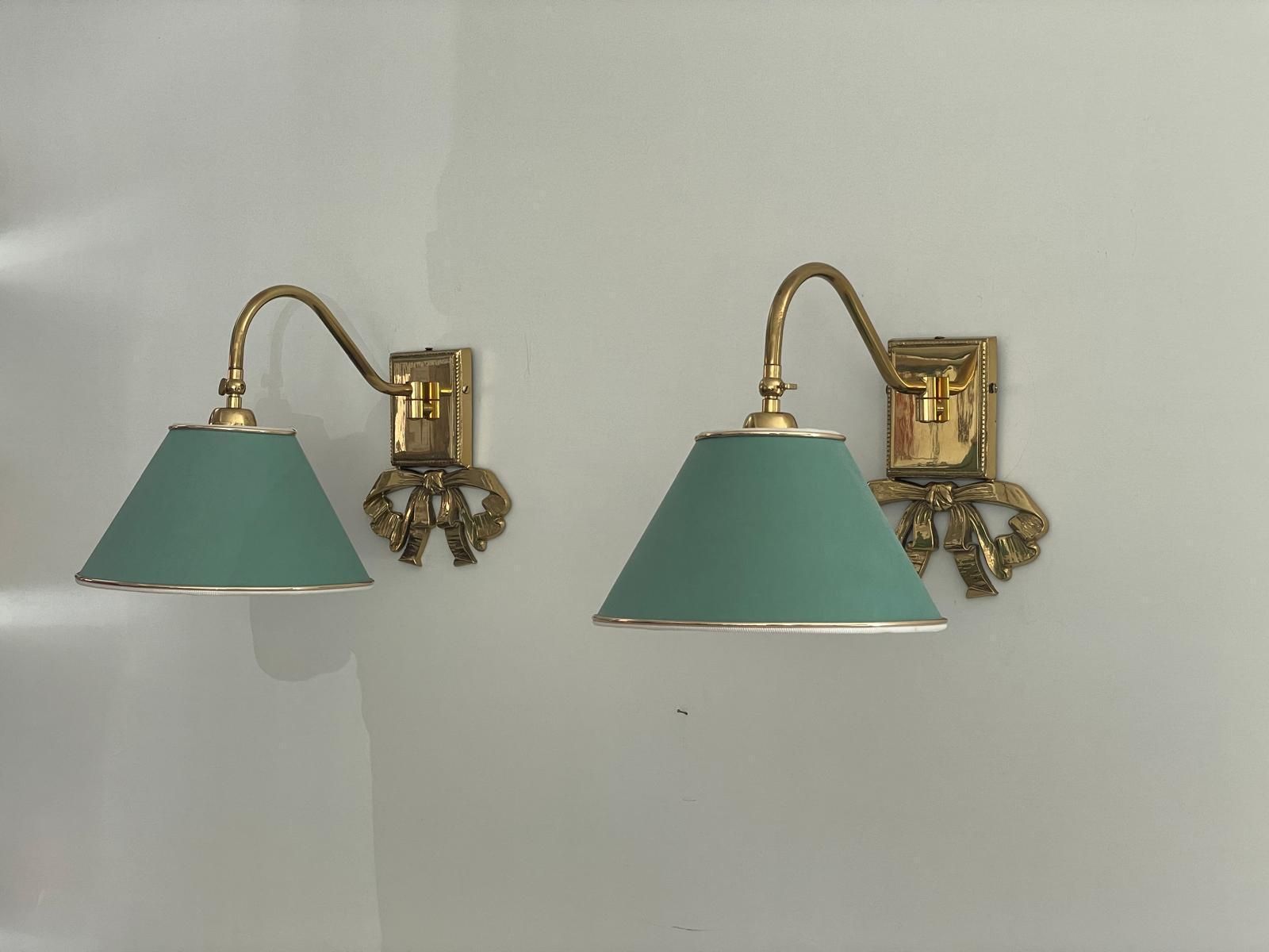 Mid Century Modern Green Fabric Shade And Brass Pair Of Sconces, 1960s, Italy