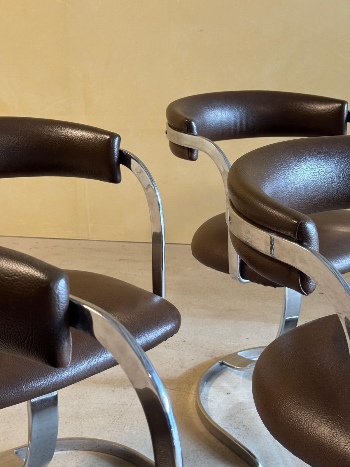 Set Of 4 Cast Iron Chromed Diningchairs With Brown Leather Seating, 1970s photo for sale