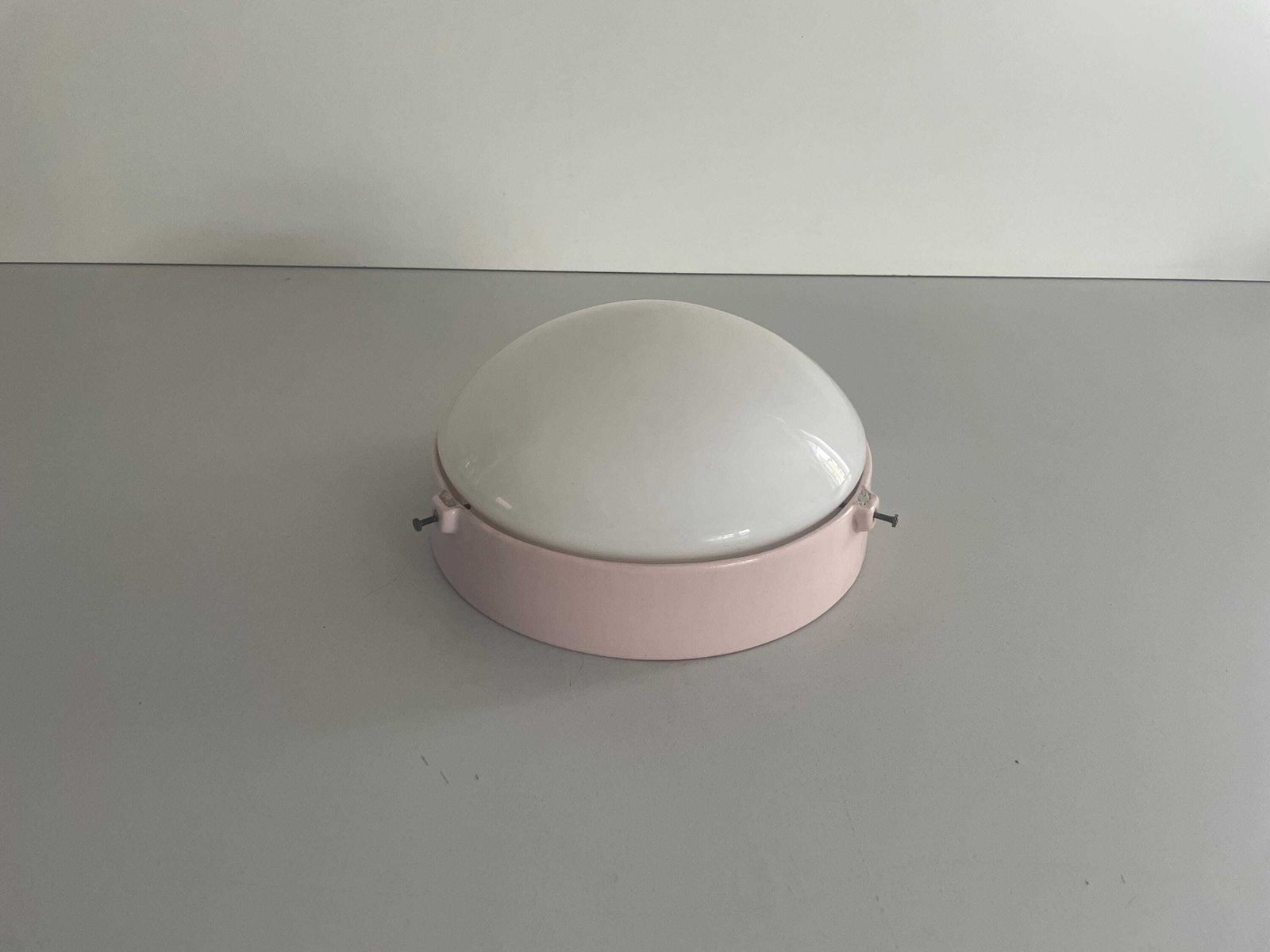 Round Opaline Glass And Pink Porcelain Single Bathroom Flush Mount Light, 1950s, Italy