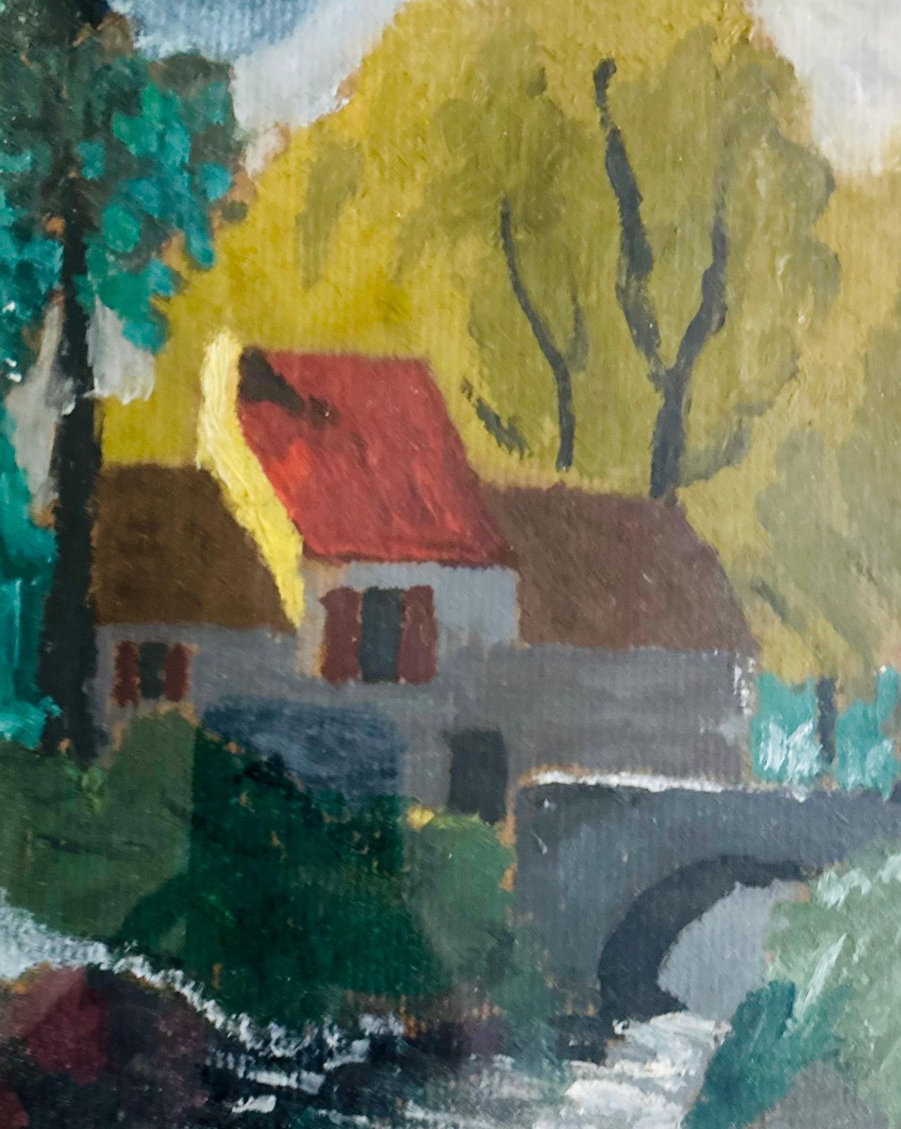 Frans Olieverfschilderij Op Paneel, Jaren 1930. Barbizon School. Boerderij In Frankrijk. Brug, Herfstbladeren En Beek. Landelijke Decoratie. photo vinterior