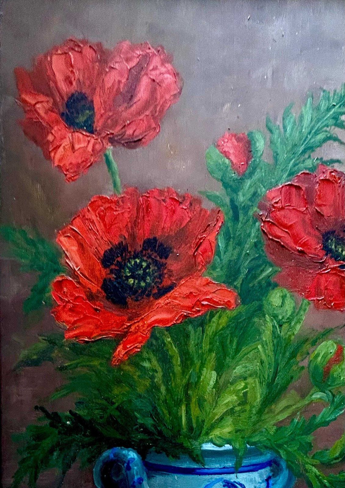 Frans Olieverfschilderij Uit De Jaren 1940 – Rode Klaprozen In Blauwe Vaas, R. Germain – Bloemenstilleven, Provence, Botanische Kunst, Vintage, Ingelijst photo 985.0