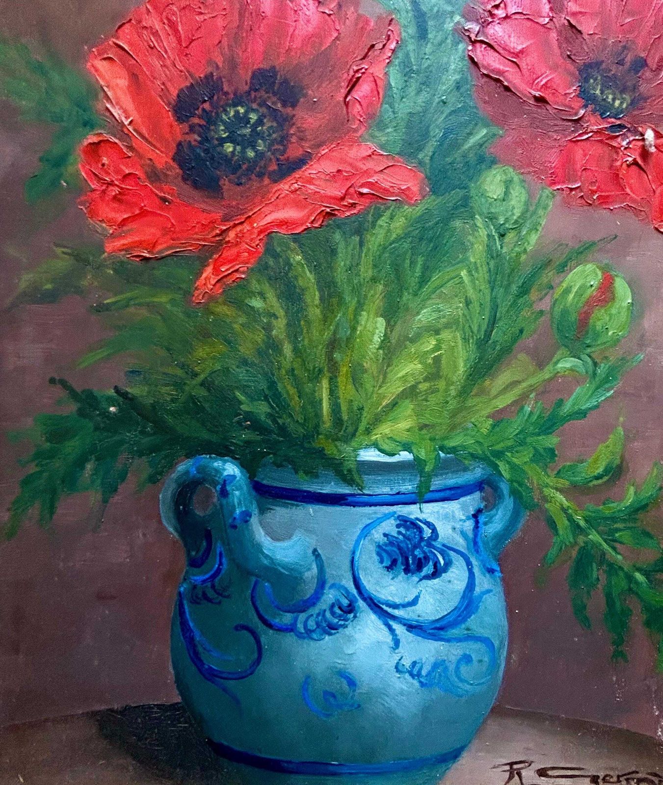 Frans Olieverfschilderij Uit De Jaren 1940 – Rode Klaprozen In Blauwe Vaas, R. Germain – Bloemenstilleven, Provence, Botanische Kunst, Vintage, Ingelijst photo buy