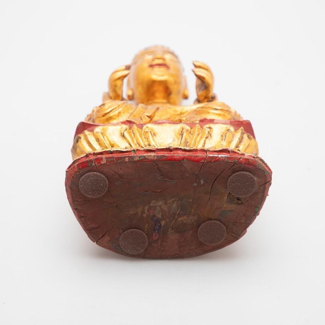 Antique Seated Buddha Amitābha Vietnam C.1900, Gilded Wooden Sculpture On Lotus photo furniture
