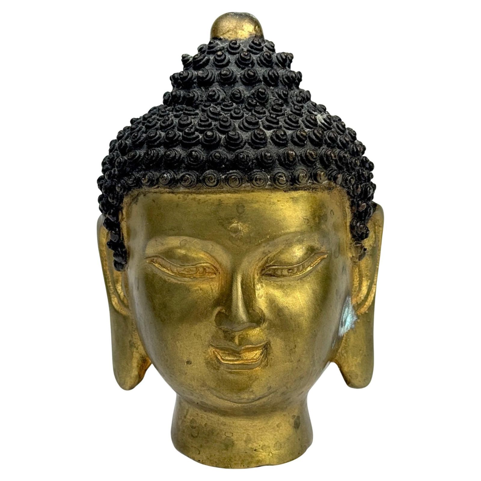 Antique Gilt Bronze Buddha Head Asian Sculpture, Home Decorative Spiritual Art
