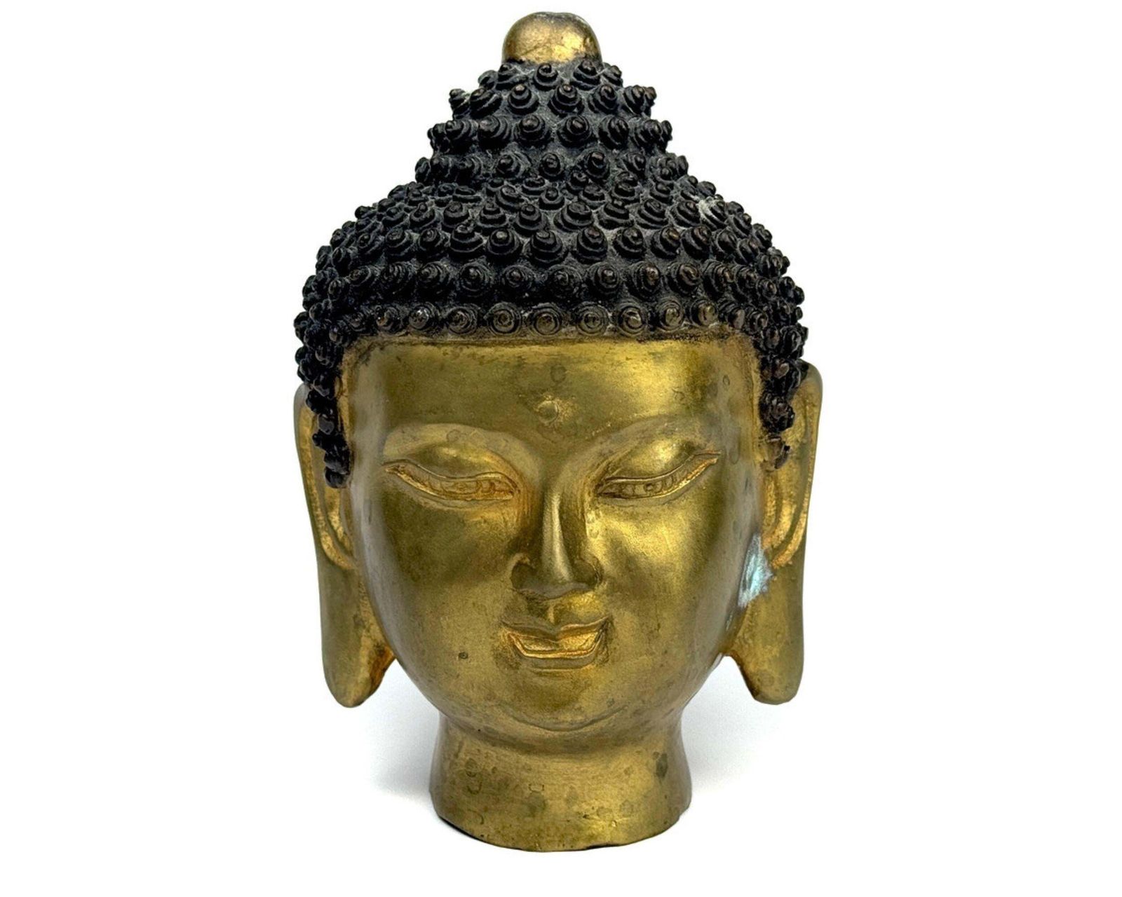 Antique Gilt Bronze Buddha Head Asian Sculpture, Home Decorative Spiritual Art photo vintage