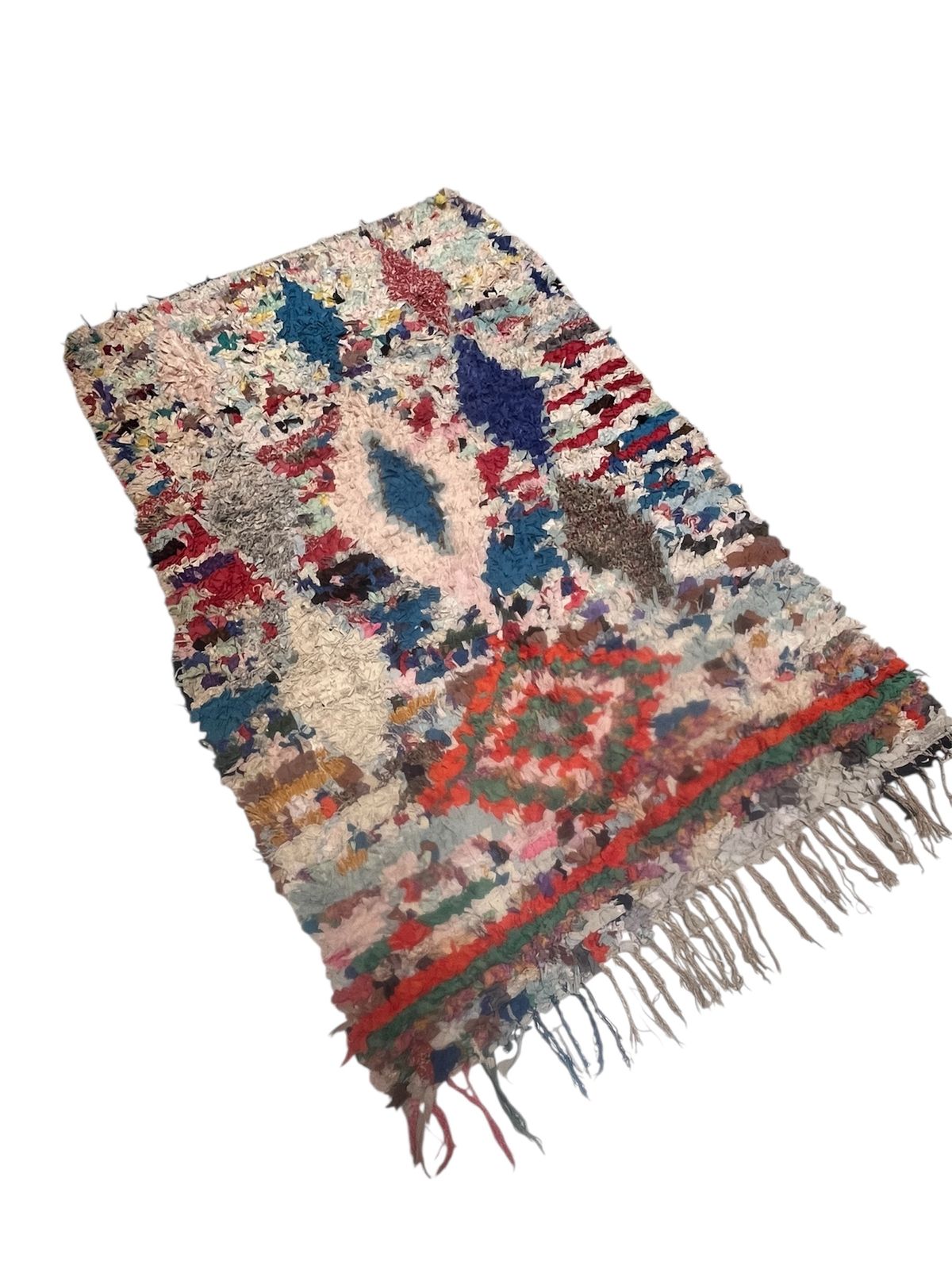 Vintage Moroccan Boucherouite Rug Lozenge Diamond Tasseled Berber Carpet Modern Colourful Mid Century   photo 545.0