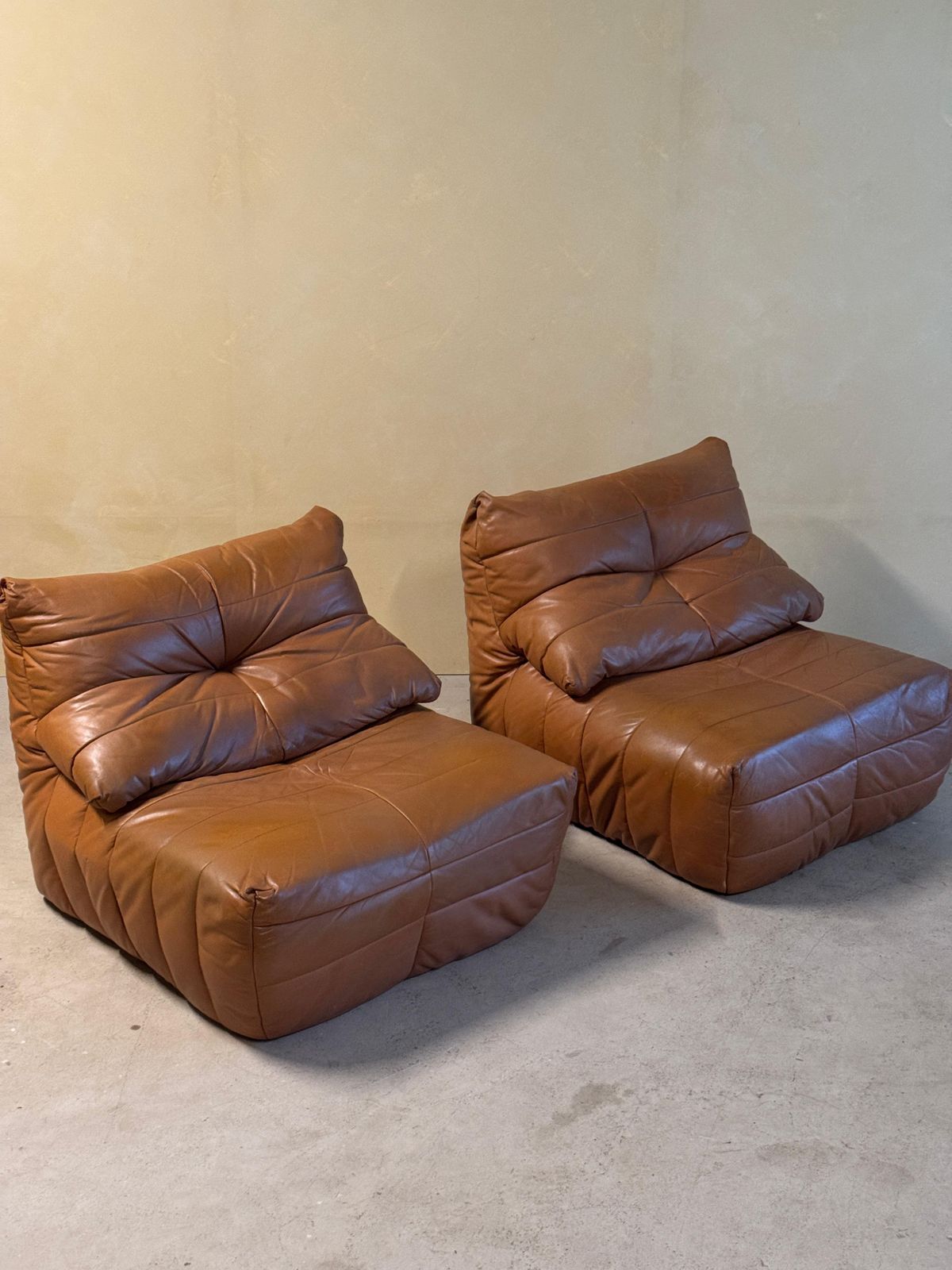 Furniture Cognac Leather "Panto" Lounge Chair Set By Marc Held For Dunlopillo, 1970s photo