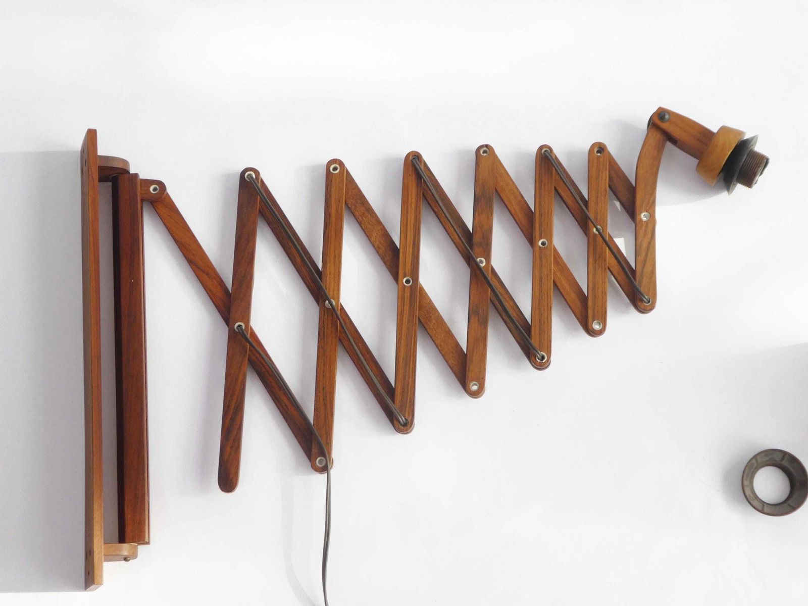Vintage Extra Long Wooden Accordion Lamp, Scandinavian Scissor Extendable Light With Beige Pleaded Fabric Shade photo for sale