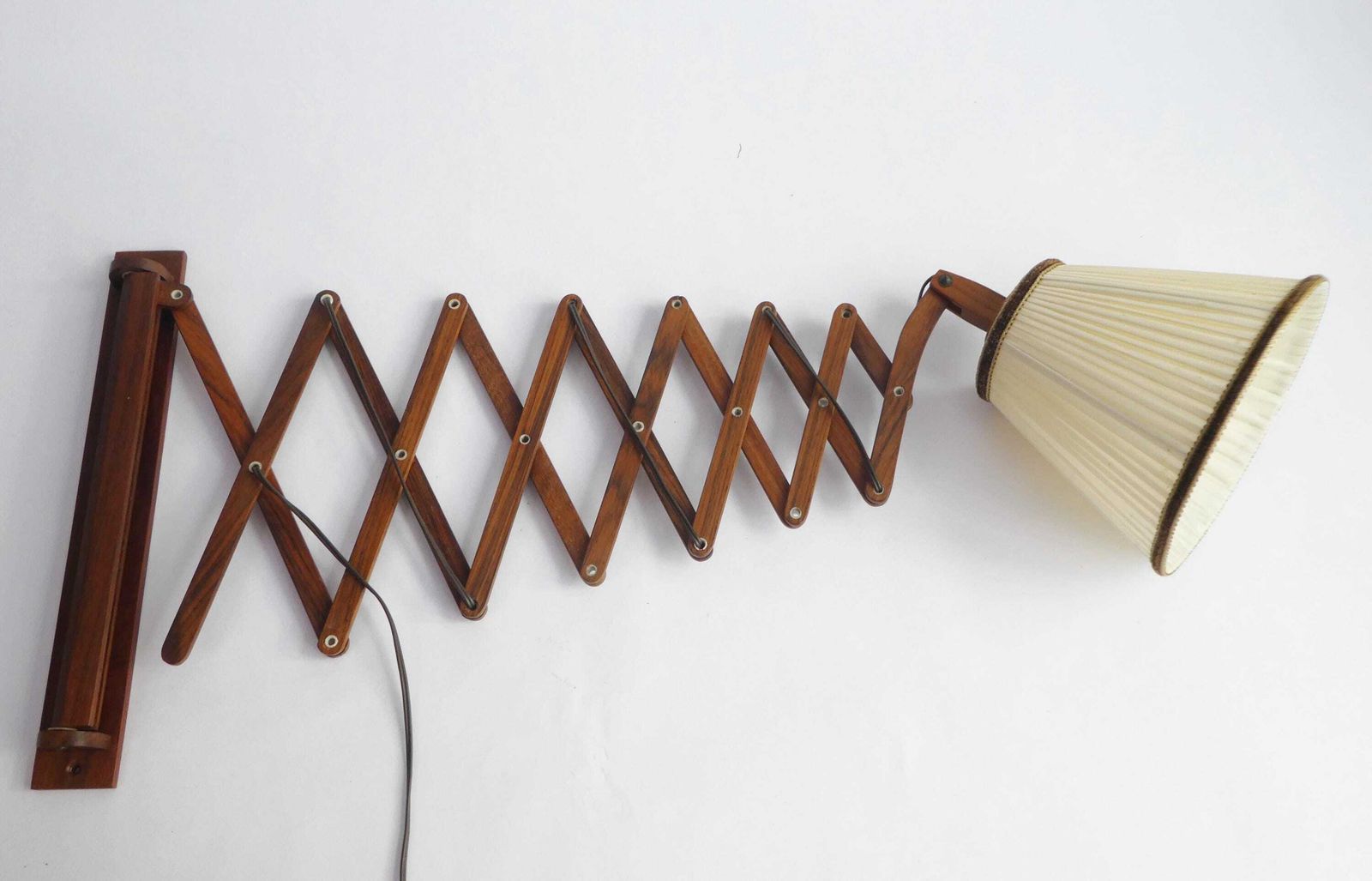 photo for sale Vintage Extra Long Wooden Accordion Lamp, Scandinavian Scissor Extendable Light With Beige Pleaded Fabric Shade