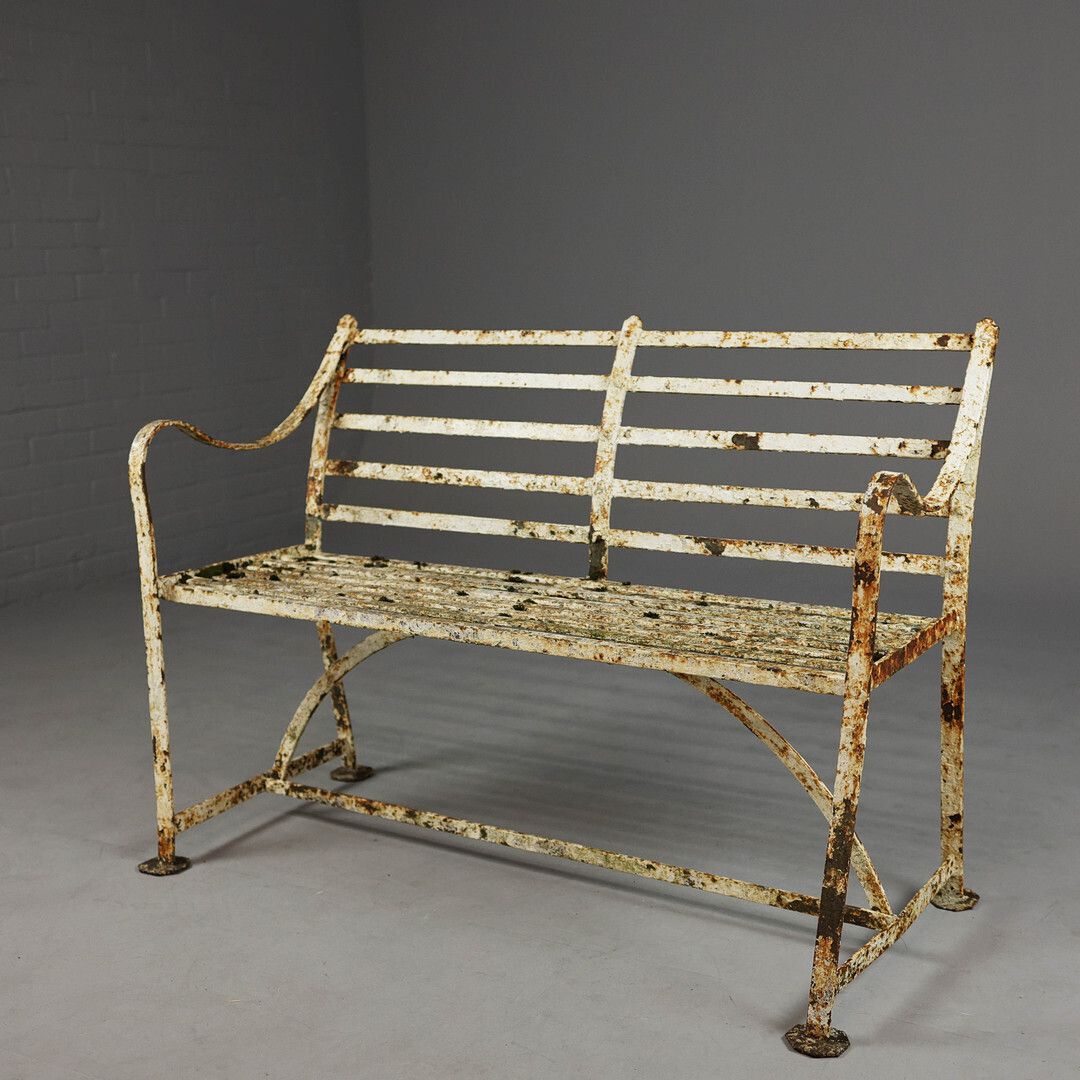 19th Century Regency Wrought Iron Strapwork Garden Bench Painted In A Distressed Finish 127cm W X 91cm
