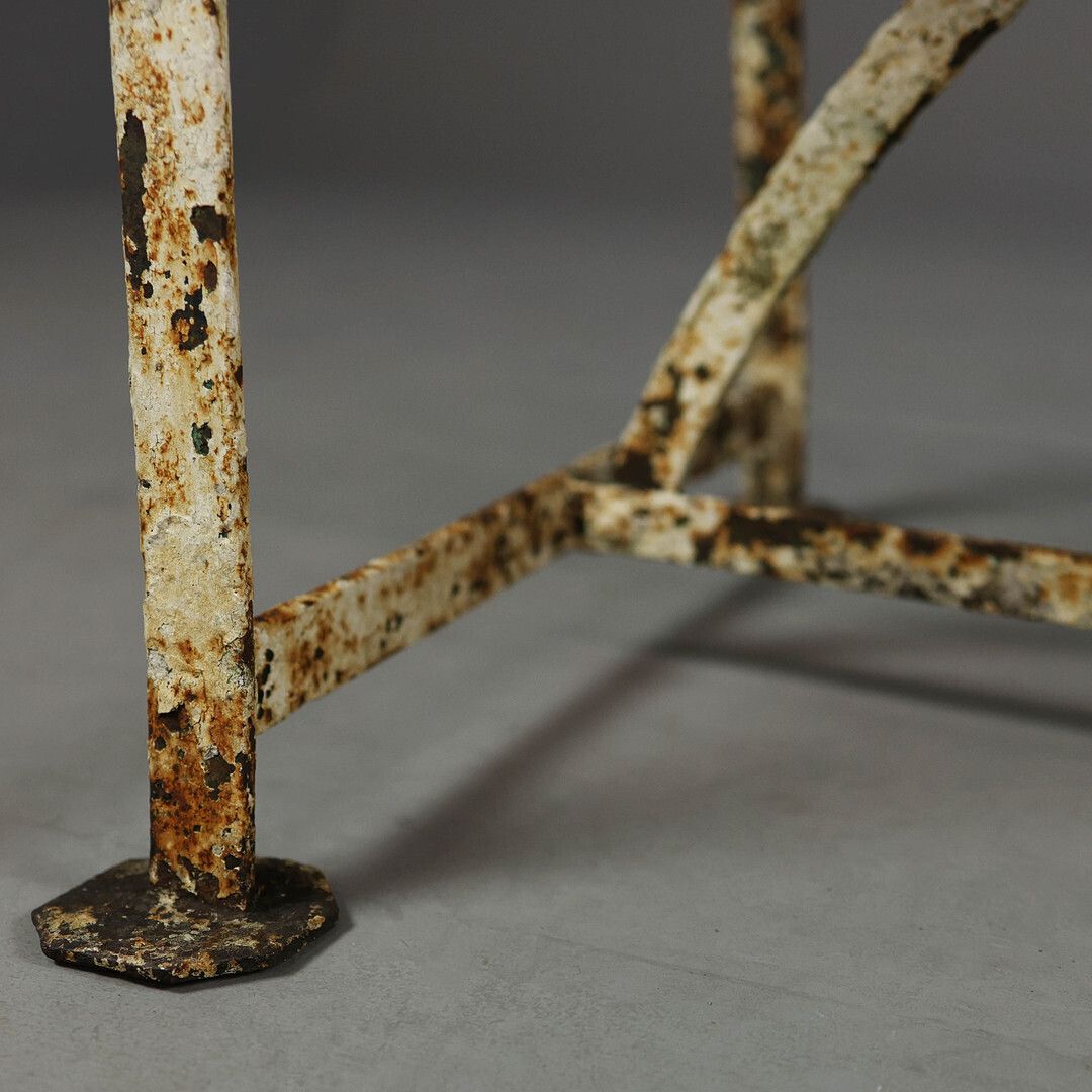 19th Century Regency Wrought Iron Strapwork Garden Bench Painted In A Distressed Finish 127cm W X 91cm photo Garden Furniture