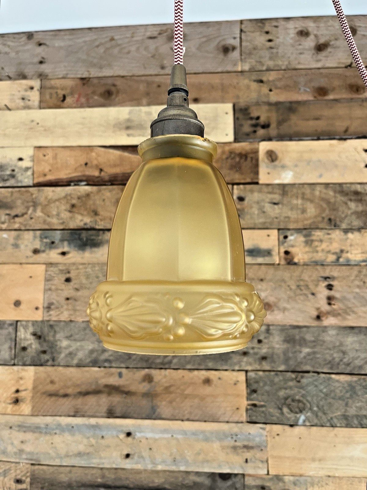 photo vinterior Antique Art Deco 20's French Satin Amber Frosted Glass Light Ceiling Lamp Shade