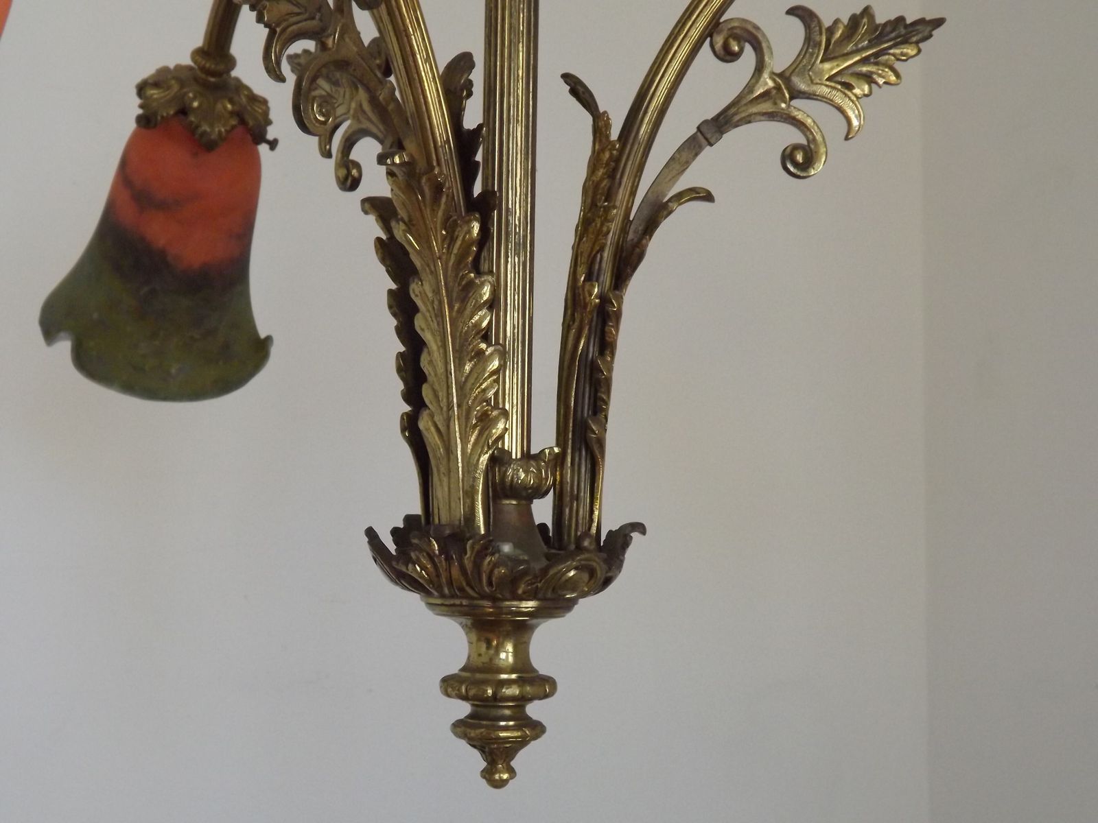 French Art Nouveau 3 Light Bronze Chandelier  With Orange & Green Art Glass Shades photo vintage