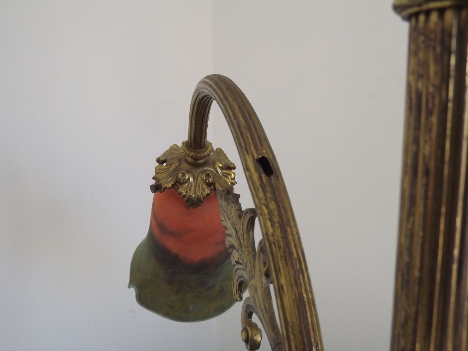 photo vinterior French Art Nouveau 3 Light Bronze Chandelier  With Orange & Green Art Glass Shades