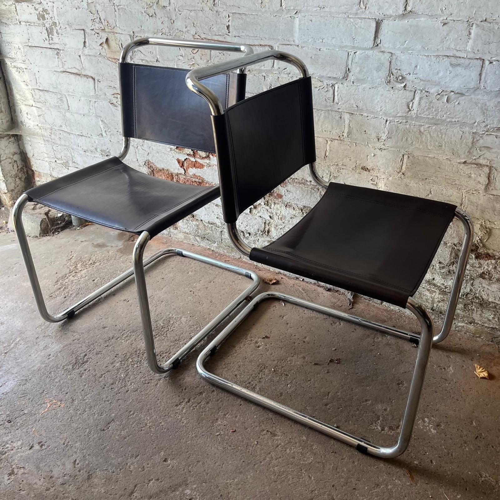 A Pair Of Chrome & Dark Brown Leather Cantilever Chairs photo buy