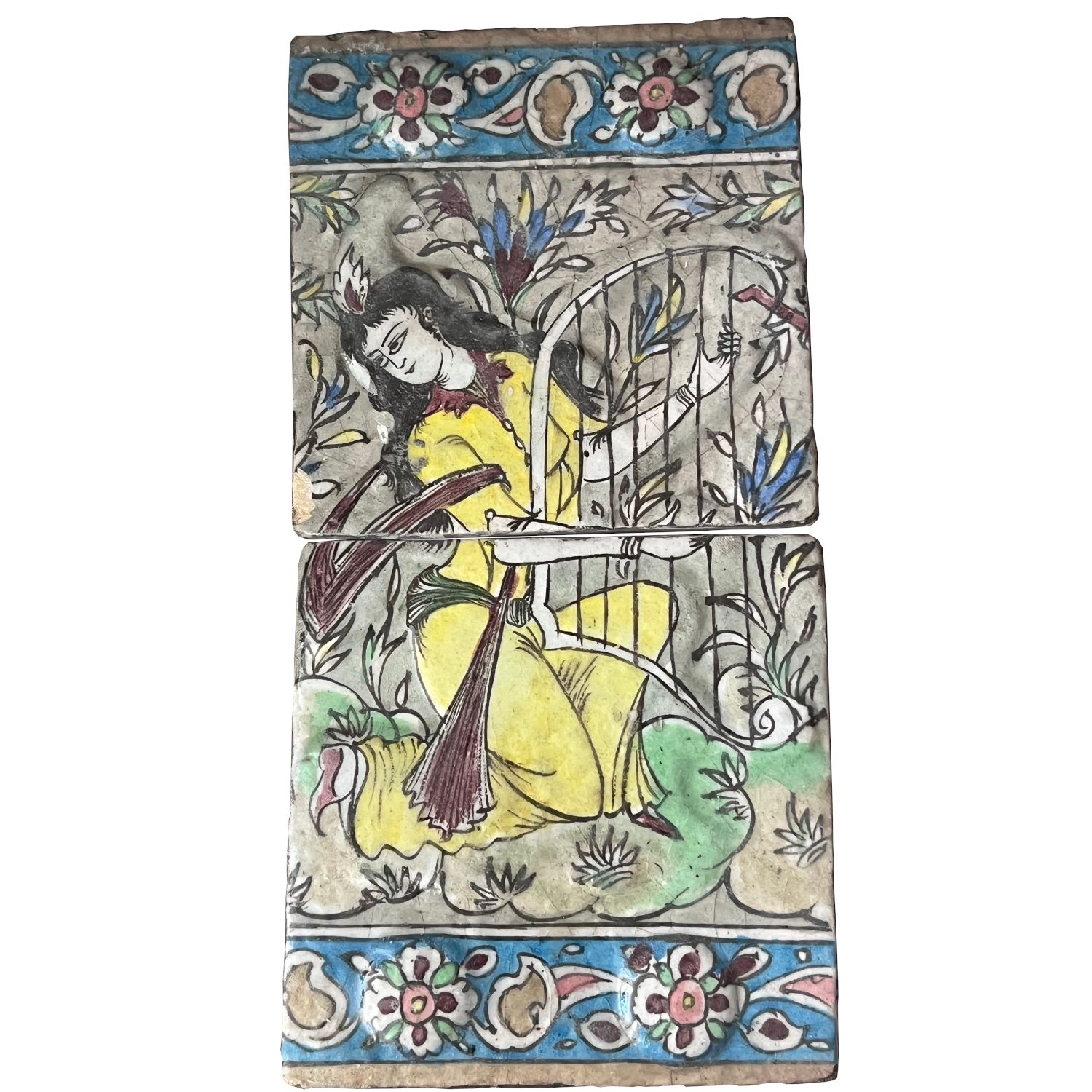 Qajar Era Persian Hand Painted Double Tile Panel With Female Musician (19th Century)