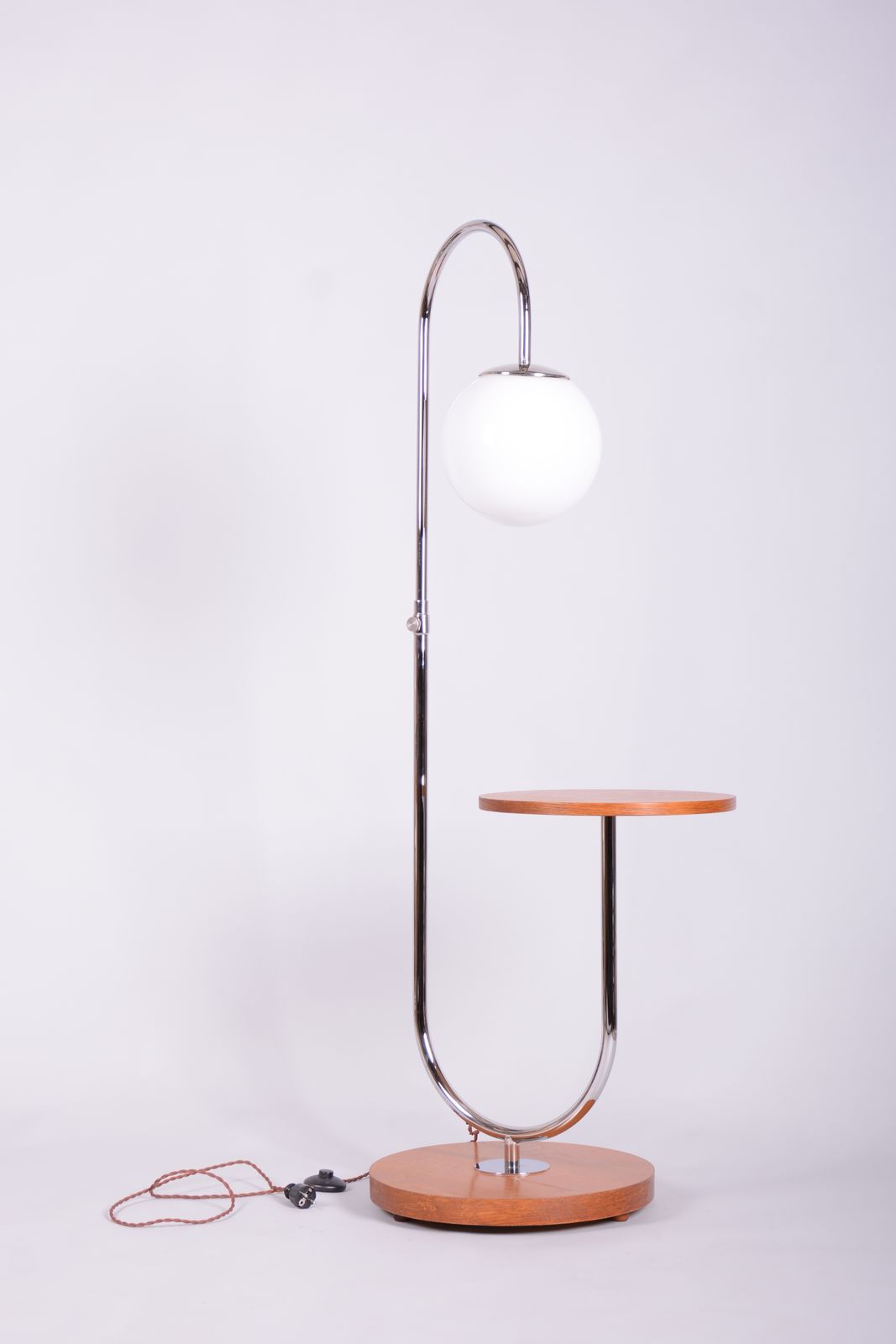 Restored Bauhaus Floor Lamp, By Robert Slezak, Oak, Chrome, Glass, Czech, 1930s