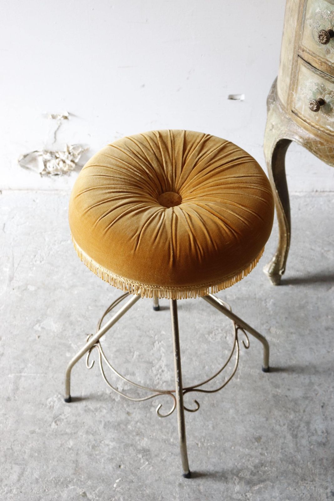 photo for sale 1960s Dressing Table Stool With Gold Velour Seat And Pale Gold Trim