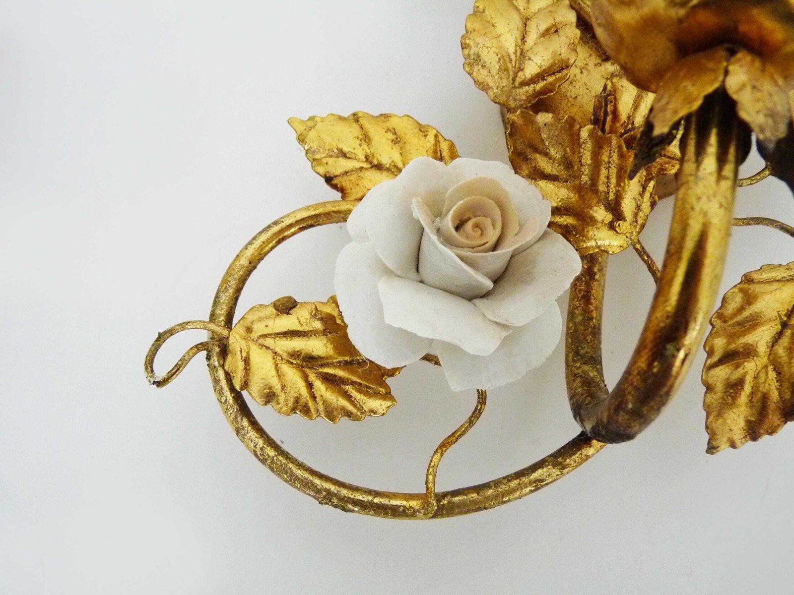 Pair Of Italian Wall Sconces With Gold Leaf And Rose Ceramic Decorations. 1970s 1980s photo vinterior
