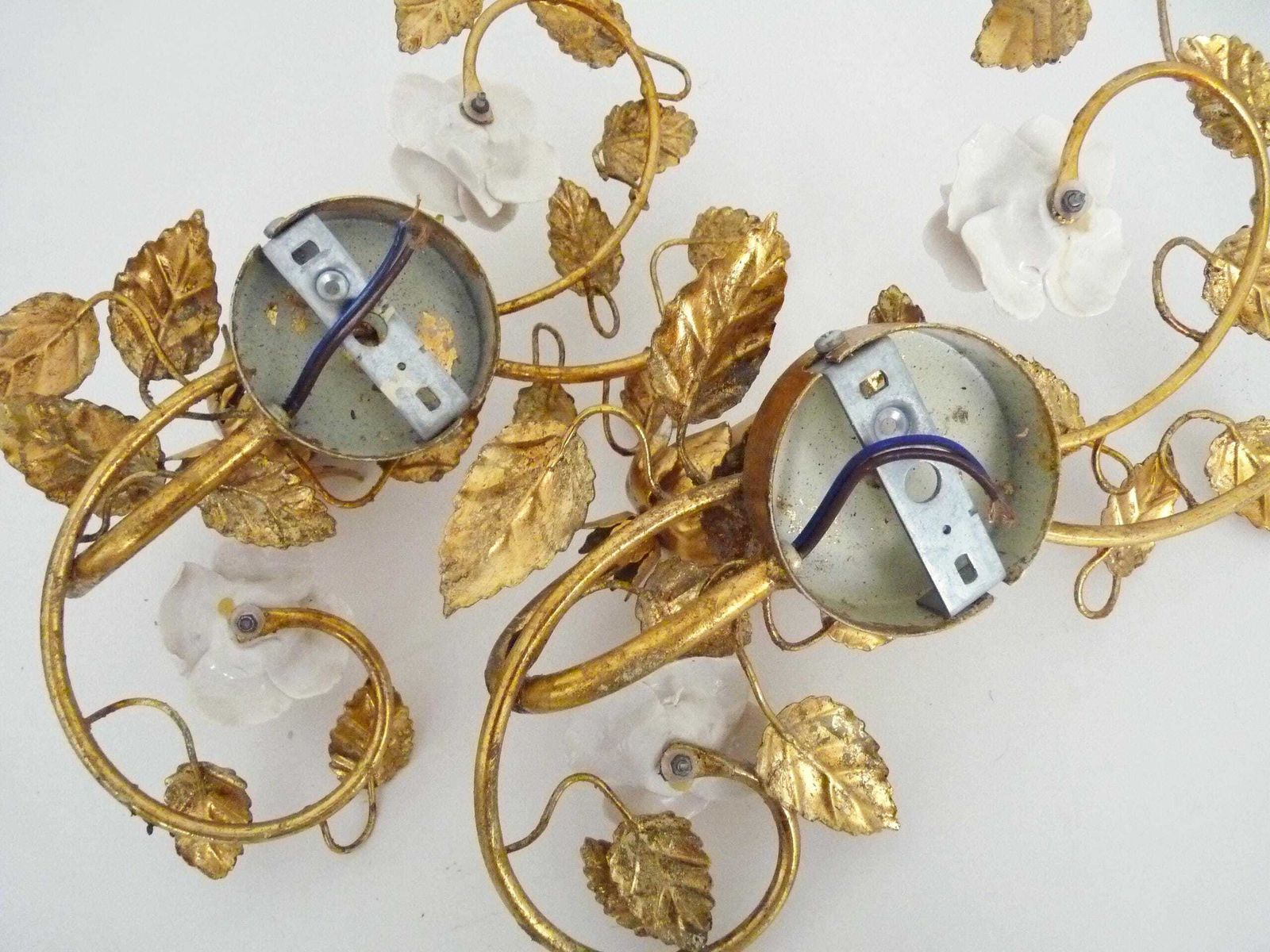 photo furniture Pair Of Italian Wall Sconces With Gold Leaf And Rose Ceramic Decorations. 1970s 1980s