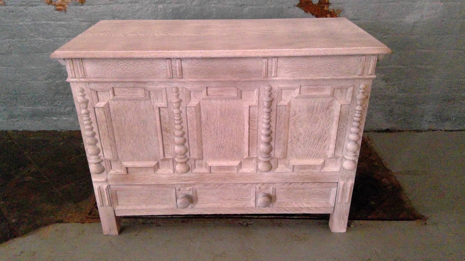 photo for sale Antique Mock Jacobean Style Limed Oak Mule Chest With Lift Up Top
