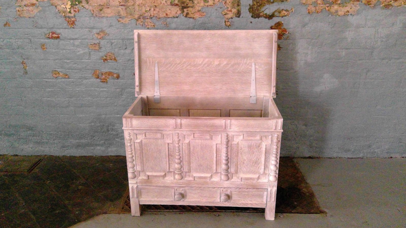 Furniture Antique Mock Jacobean Style Limed Oak Mule Chest With Lift Up Top photo