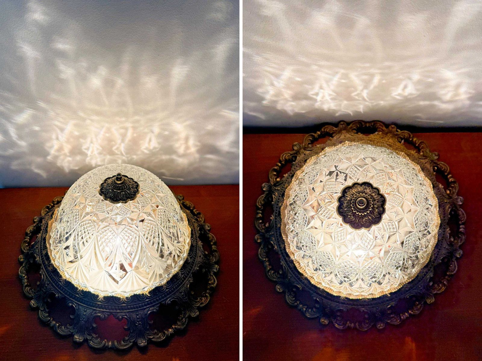 photo for sale Vintage Xl Plafondlamp   Diameter 36 Cm / 14,17"   Messing, Geslepen Glas, Porselein   Made In Spain   Jaren 1960   Plafondmontage   Art Deco