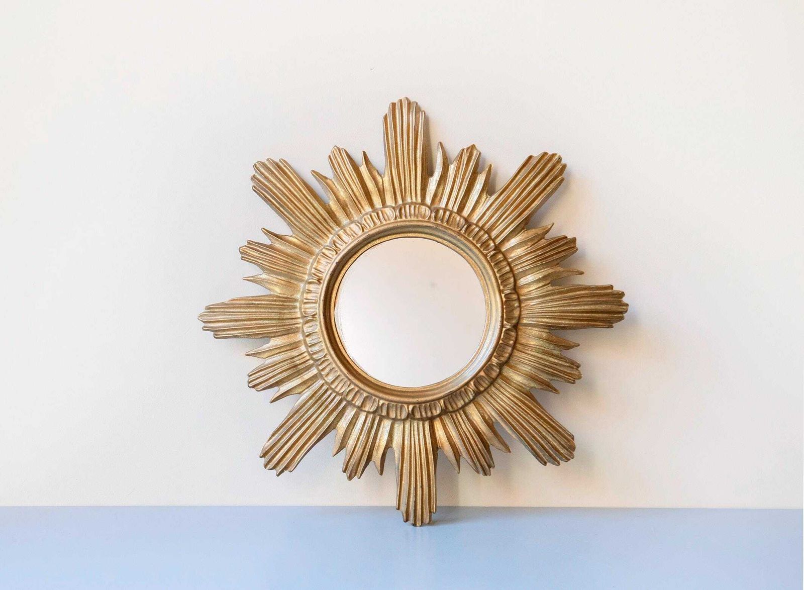 Round Sunburst Mirror, Vintage Mid Century Mirror, 1960s Design, Italian Sun Mirror, Golden Wall Hanging, Made In Italy photo buy