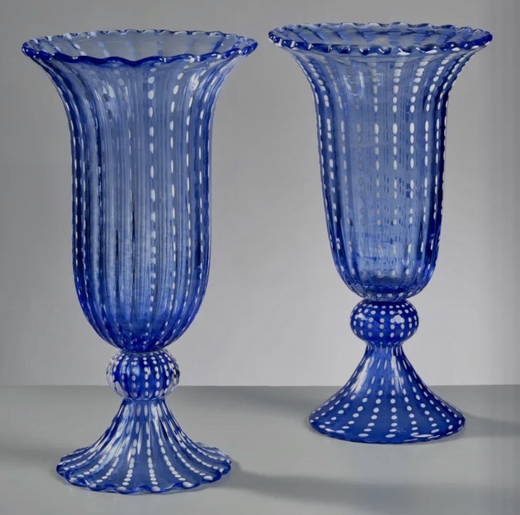 Mid Century Modern Pair Of Tall Blue Ribbed Murano Glass Vases photo Home Decor