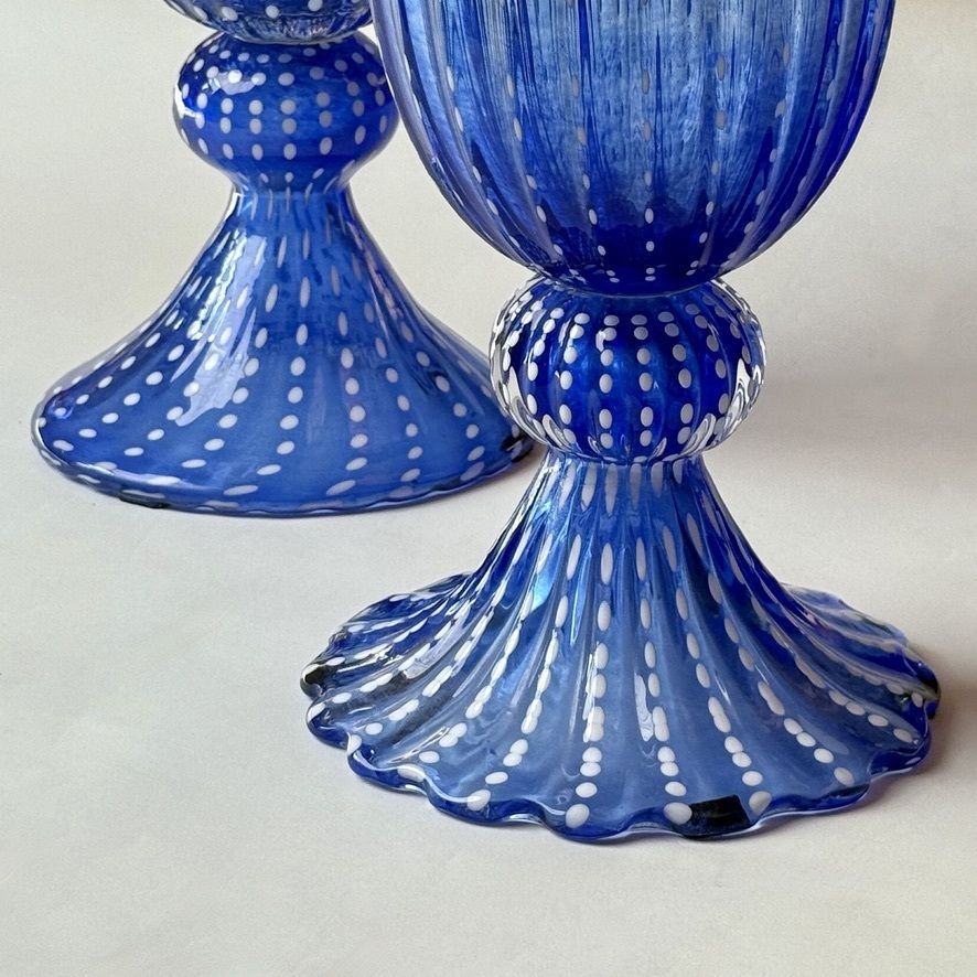 photo for sale Mid Century Modern Pair Of Tall Blue Ribbed Murano Glass Vases
