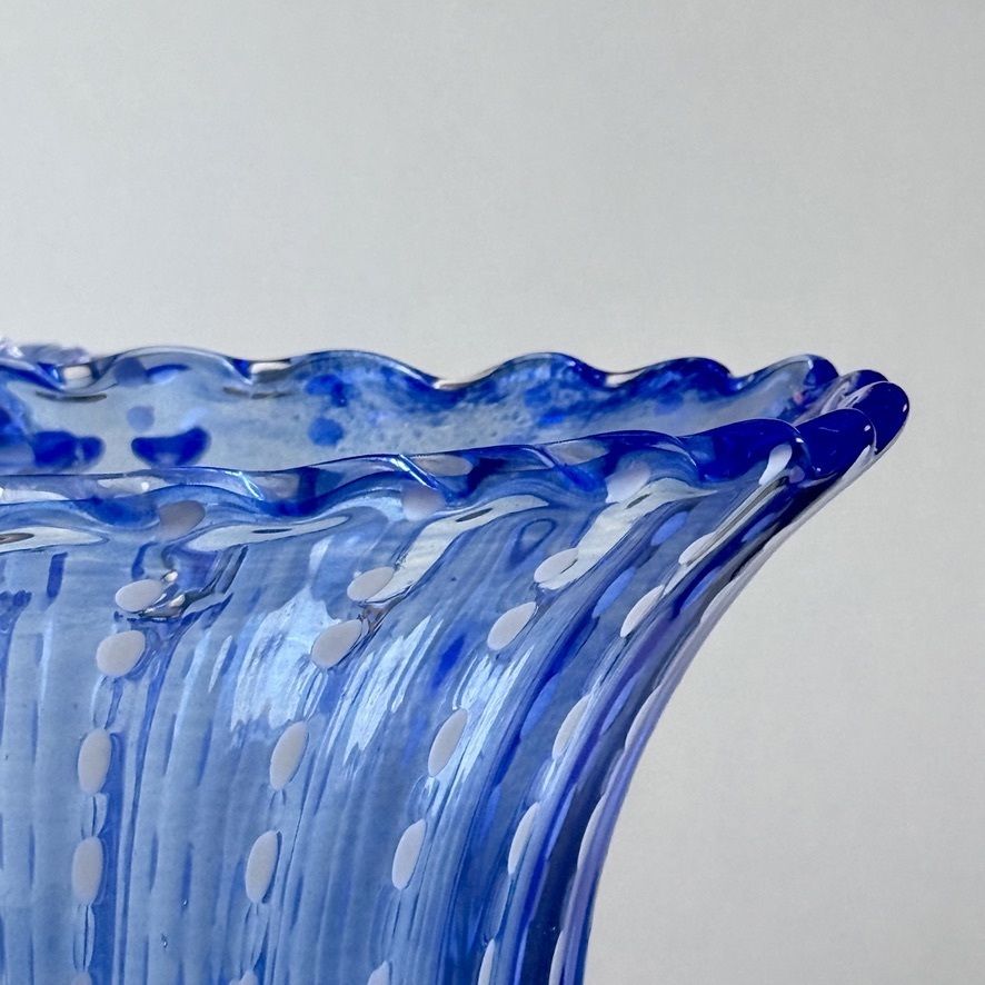 photo vinterior Mid Century Modern Pair Of Tall Blue Ribbed Murano Glass Vases