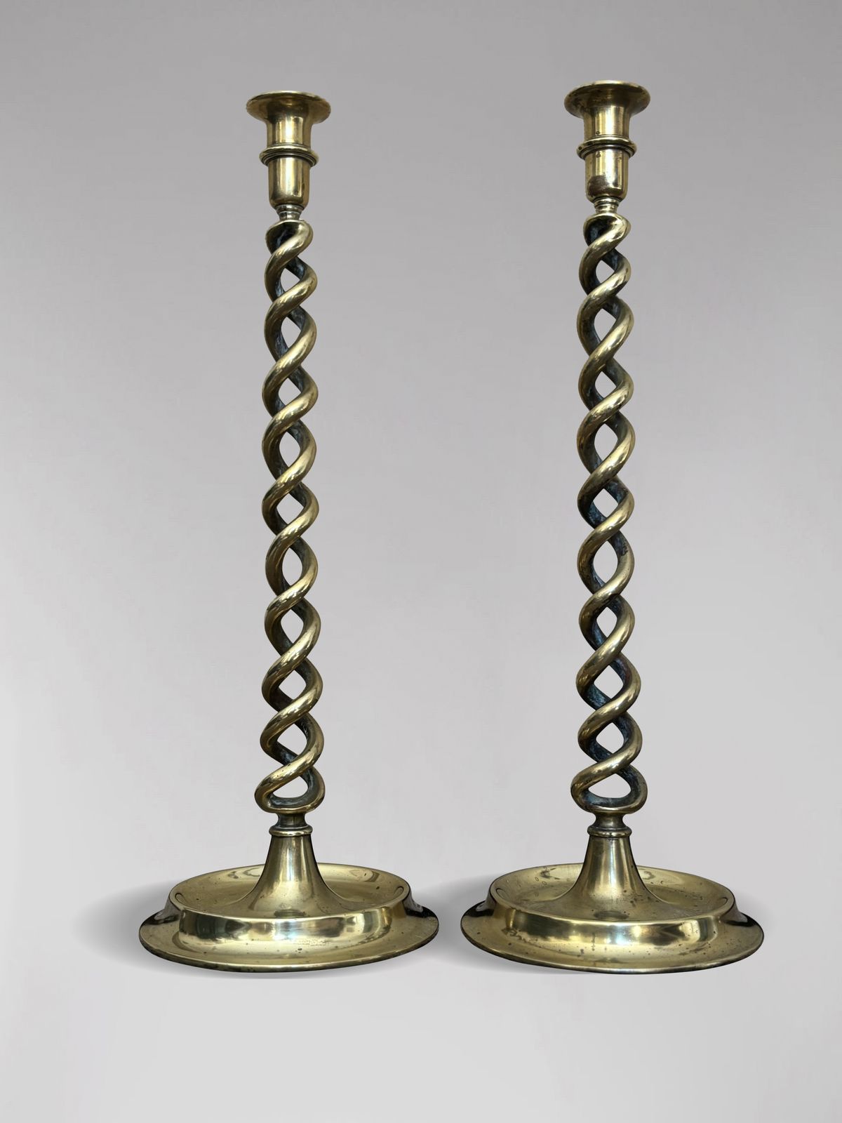 Pair Of Tall 19th Century Brass Barley Twist Candlesticks