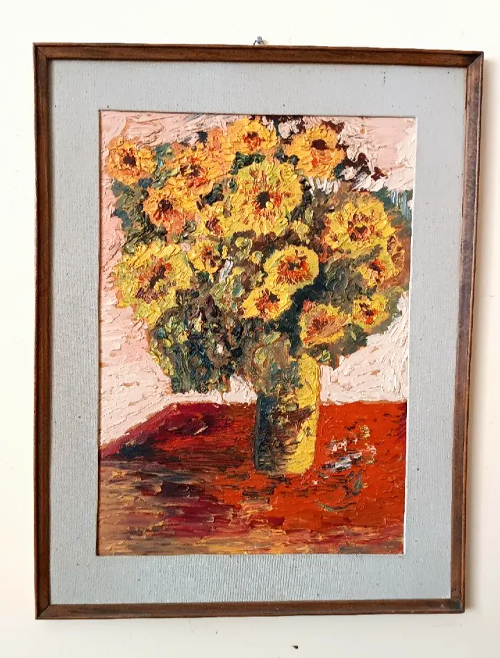 Dipinto Olio Su Tavola Vaso Con Fiori Firmato Serafini Datato 1962