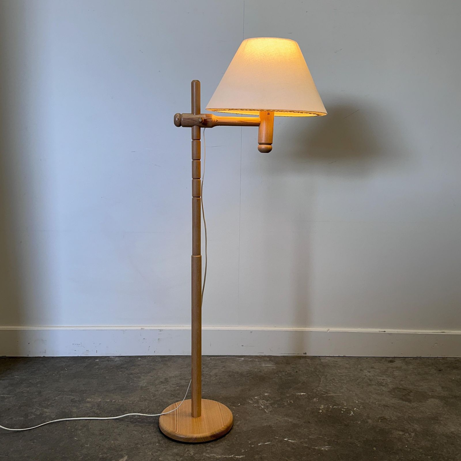 Scandinavian Pine Floor Lamp With Adjustable Arm And Linen Shade, 1970s photo for sale