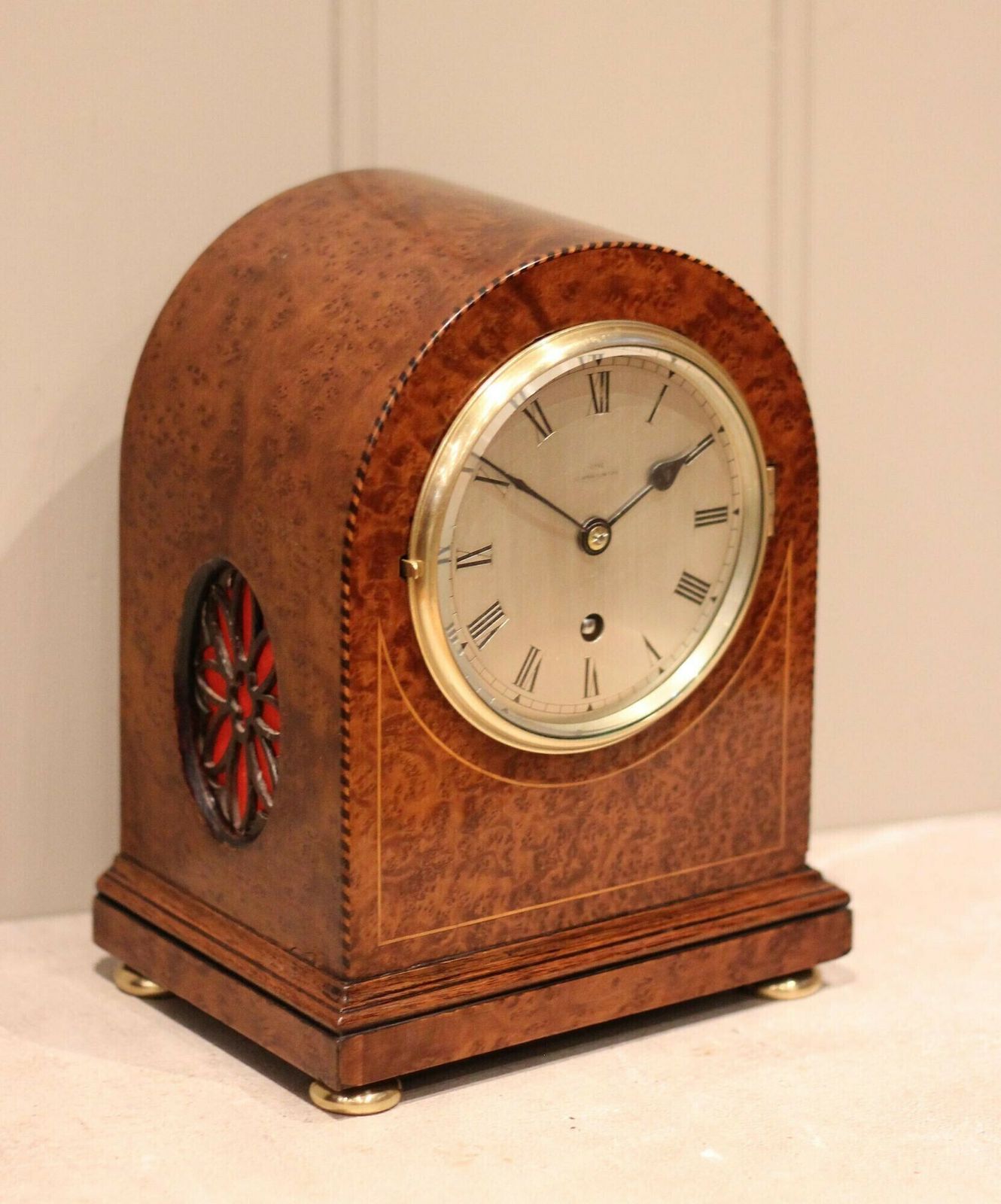 Burr Maple Arch Top Mantel Clock photo for sale