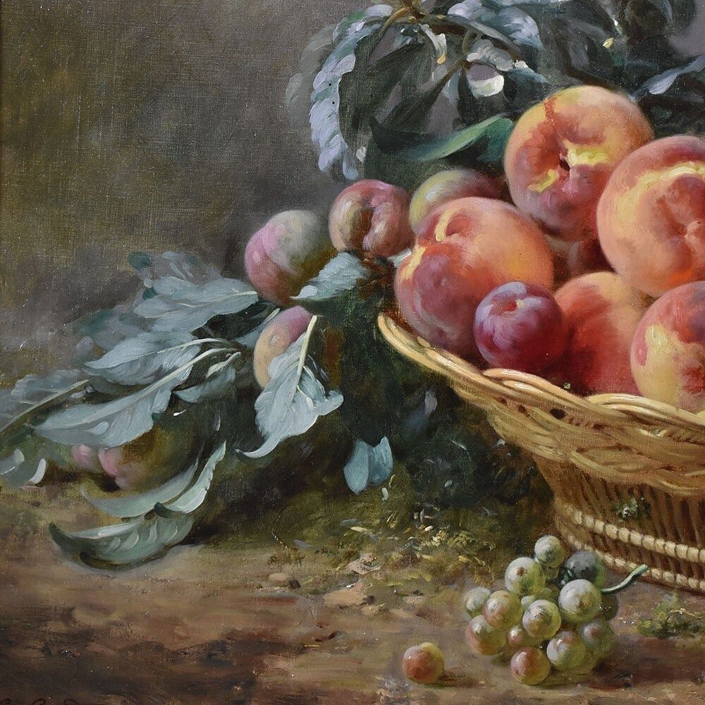 Antique Still Life Oil Painting With Fruit, Peaches And Plums, Oil On Canvas, XIX Century. photo Art