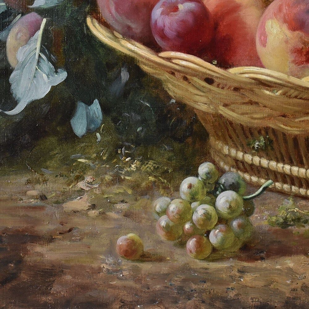 Antique Still Life Oil Painting With Fruit, Peaches And Plums, Oil On Canvas, XIX Century. photo vinterior