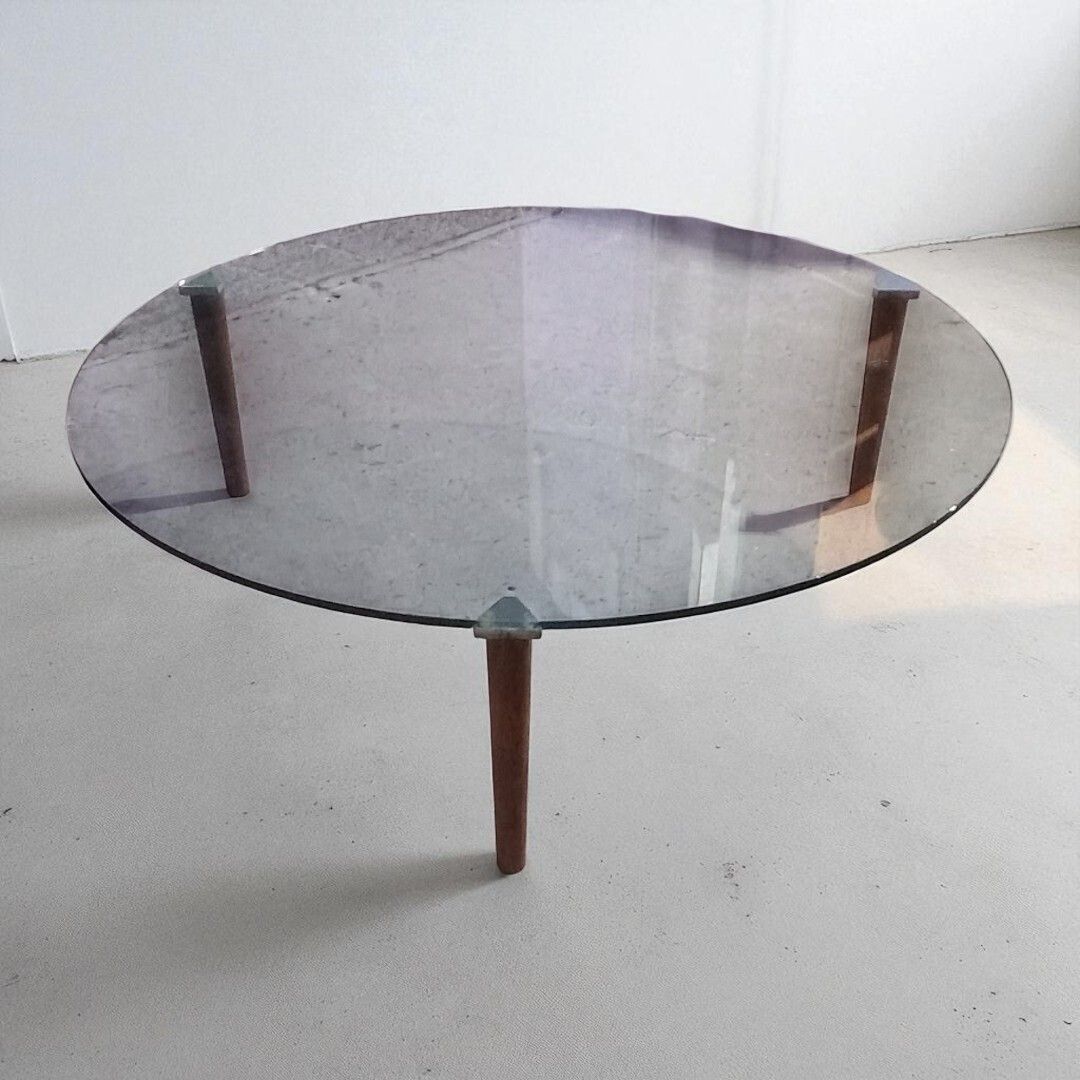photo for sale Glass Topped Minimalist Style Coffee Table With Teak Legs