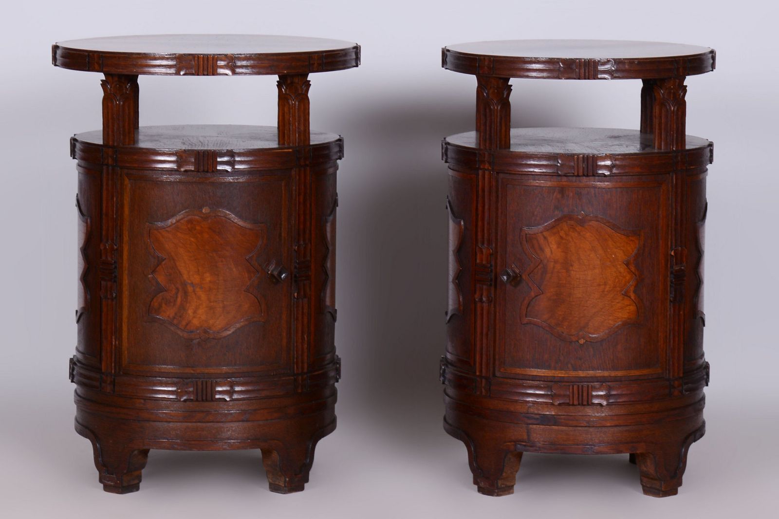 Pair Of Restored Cubism Bedside Tables, Oak, Walnut, Polished, Czech, 1910s photo furniture