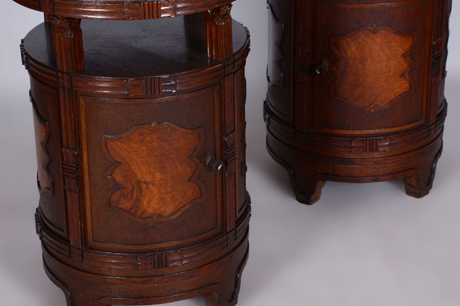 Pair Of Restored Cubism Bedside Tables, Oak, Walnut, Polished, Czech, 1910s photo for sale
