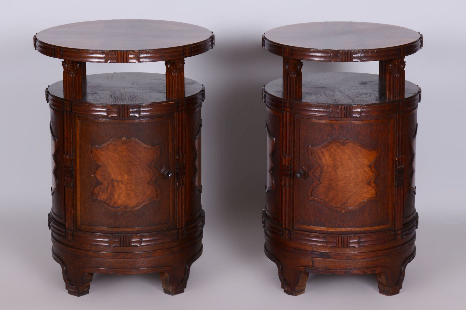 Pair Of Restored Cubism Bedside Tables, Oak, Walnut, Polished, Czech, 1910s