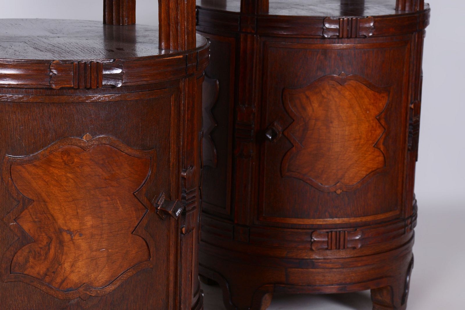 Furniture Pair Of Restored Cubism Bedside Tables, Oak, Walnut, Polished, Czech, 1910s photo
