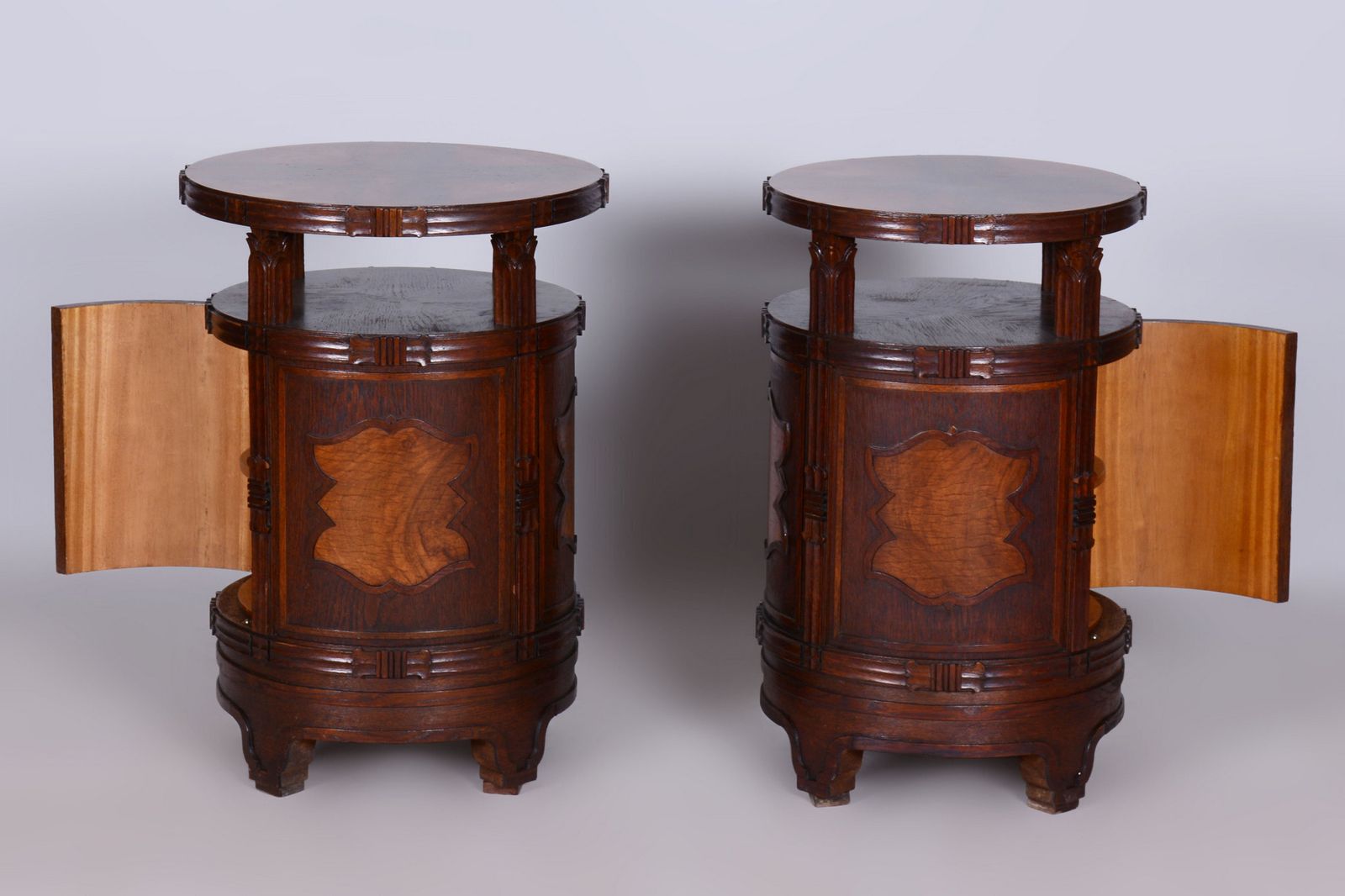 photo vintage Pair Of Restored Cubism Bedside Tables, Oak, Walnut, Polished, Czech, 1910s