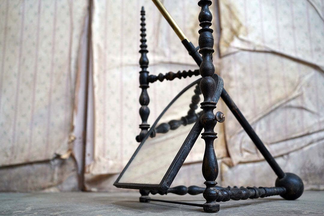 photo furniture A Unique Early Victorian Ebonised & Bobbin Turned Adjustable Telescopic Table Mirror C.1850