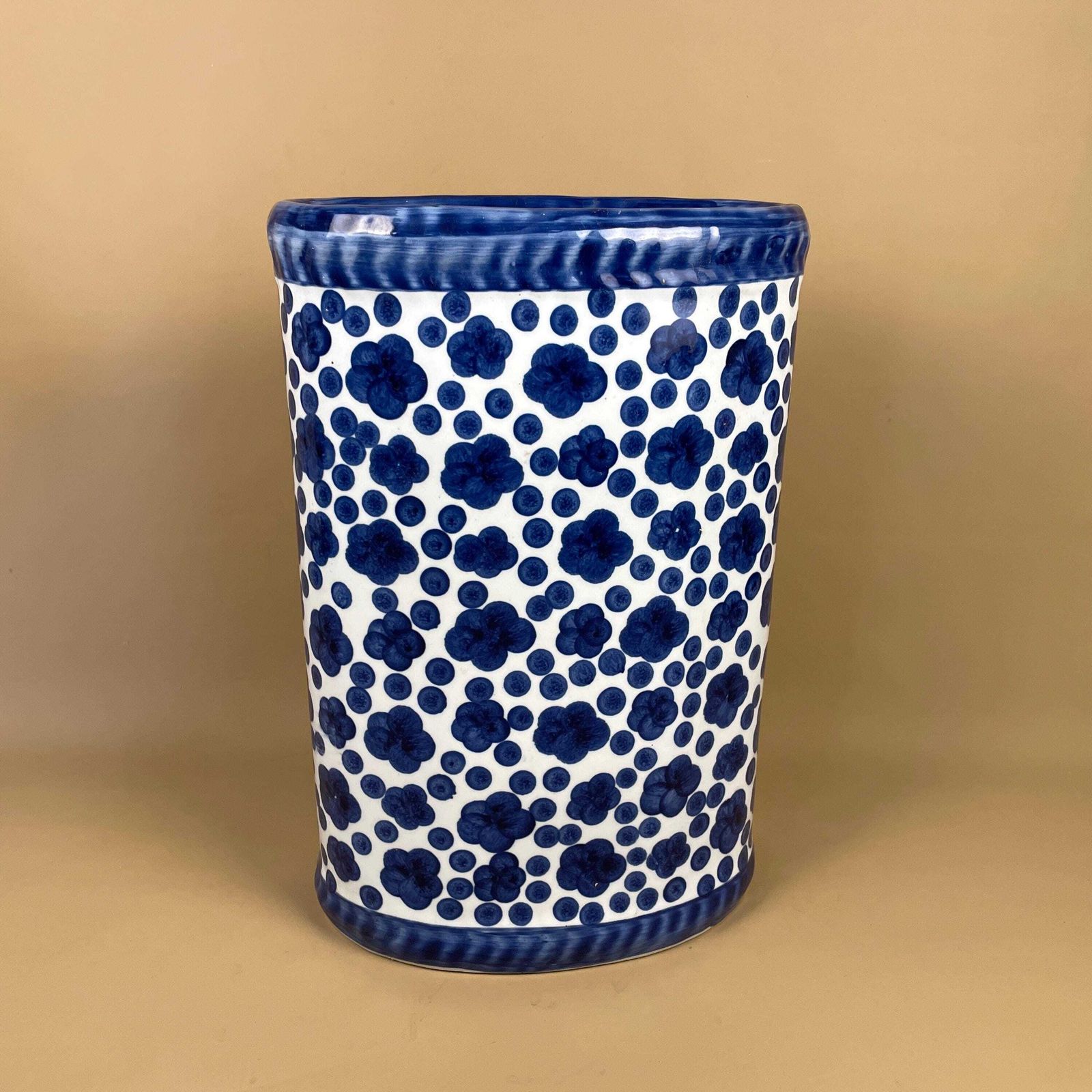 Large Vintage Blue & White Porcelain Umbrella Stand Vase With Hand Painted Blossom Floral Pattern Oriental Chinoiserie Style Oval Top photo furniture