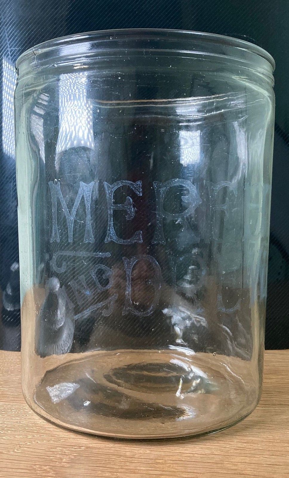 Antique Edwardian Meredith & Drew Shop Counter Top Glass Biscuit Jar Etched Logo photo for sale