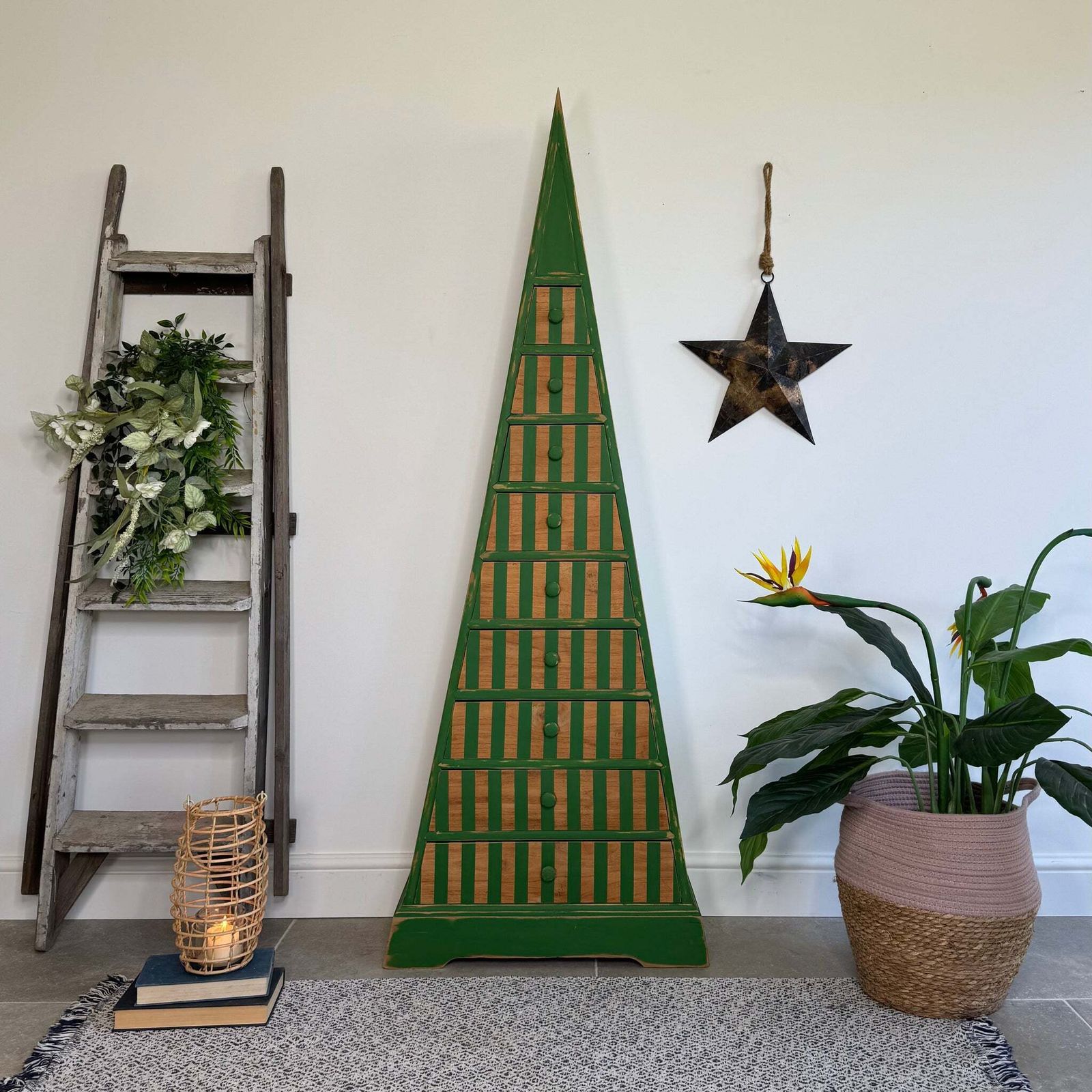 Unique Pyramid Triangular Chest Of Drawers Painted Stripey Bright Green