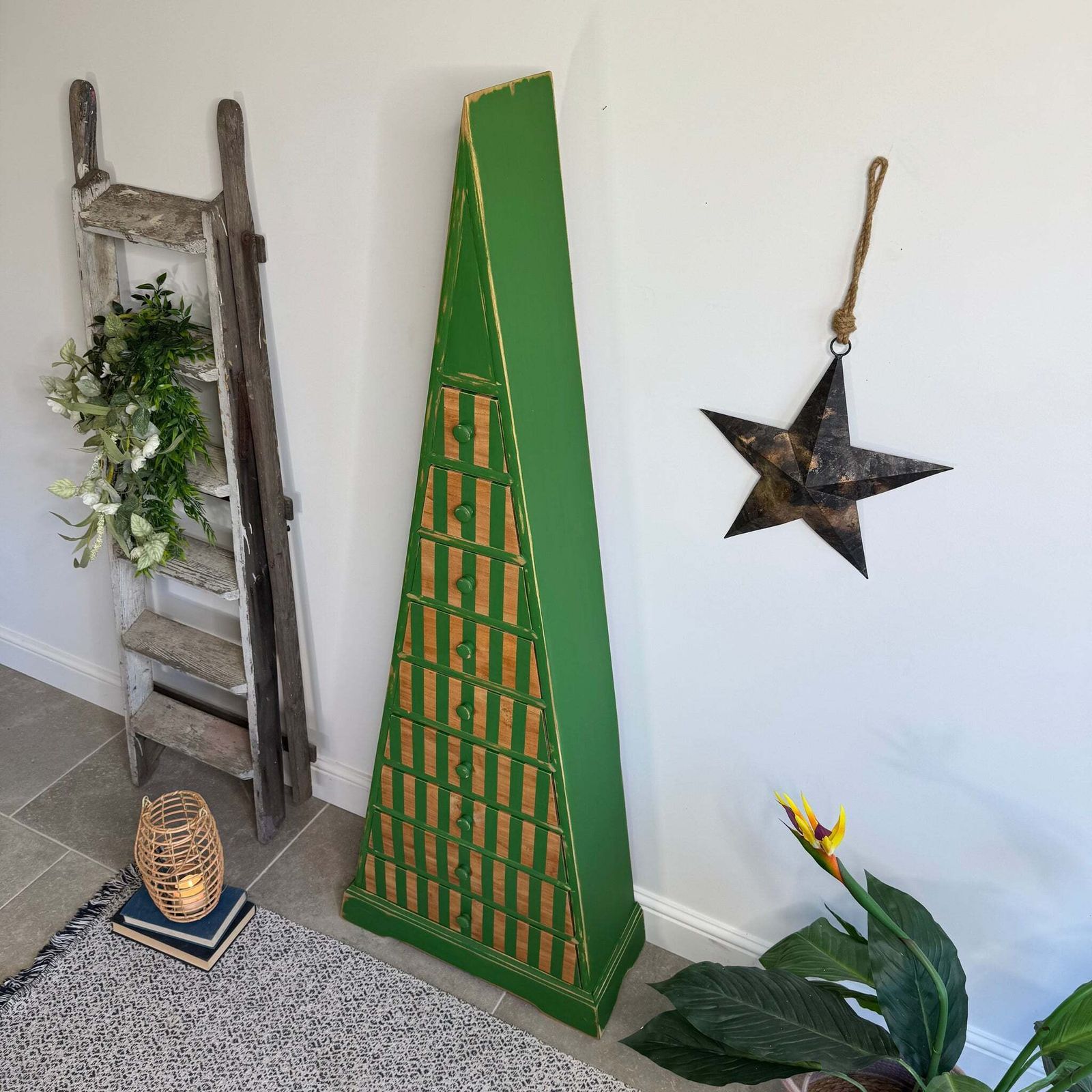 Unique Pyramid Triangular Chest Of Drawers Painted Stripey Bright Green photo 375.0